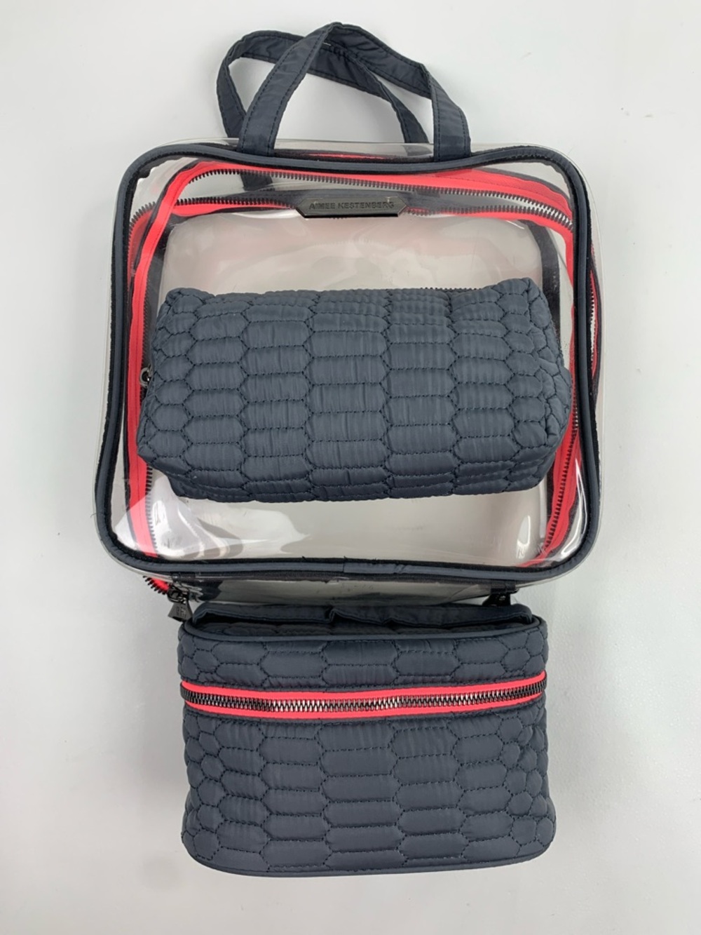 Aimee Kestenberg Clear Cosmetic Tote bag with 2 gray pink quilted zip cases set